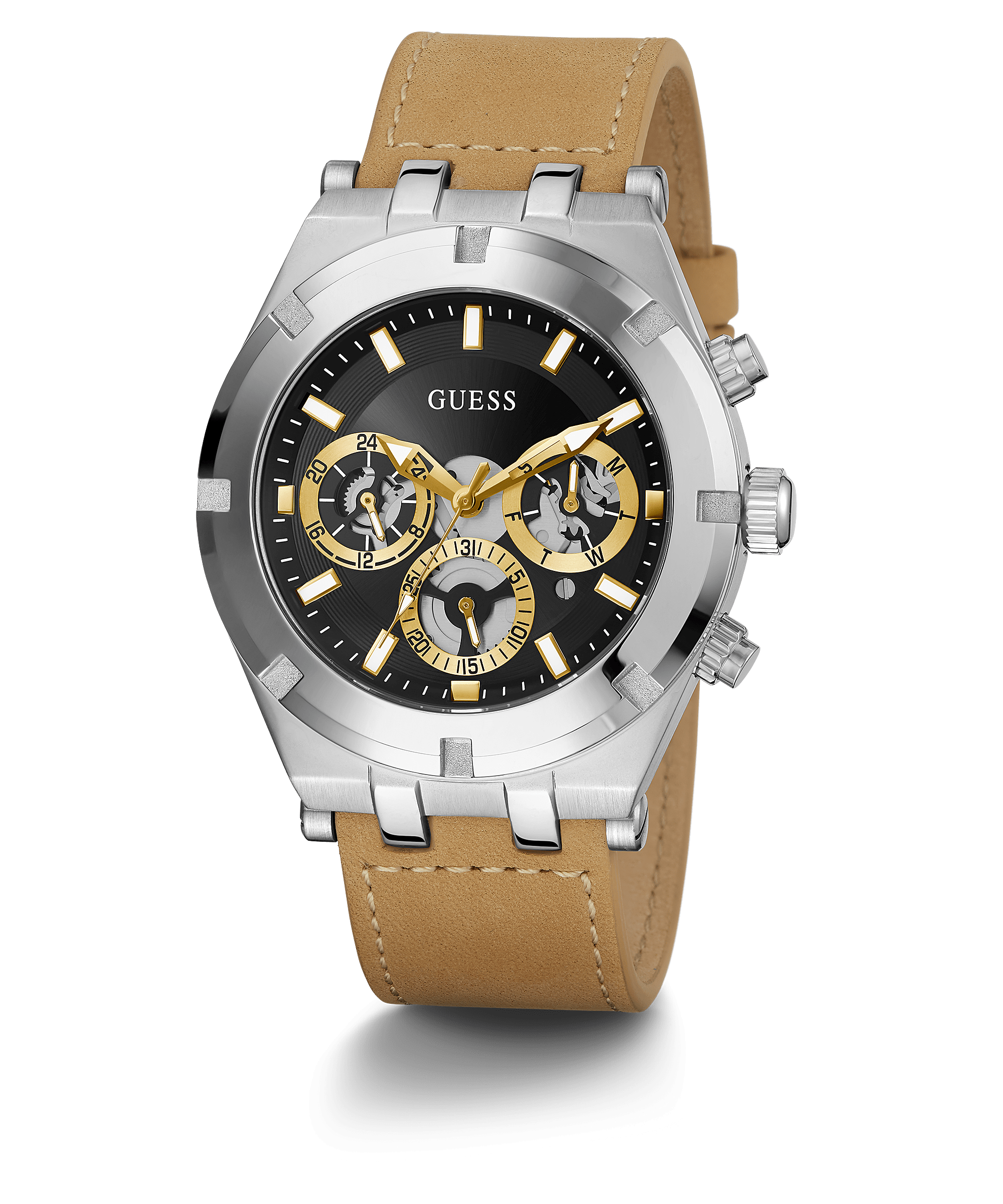 Guess Silver Tone Case Beige Leather Strap Men’s Watch GW0262G1 - Watch