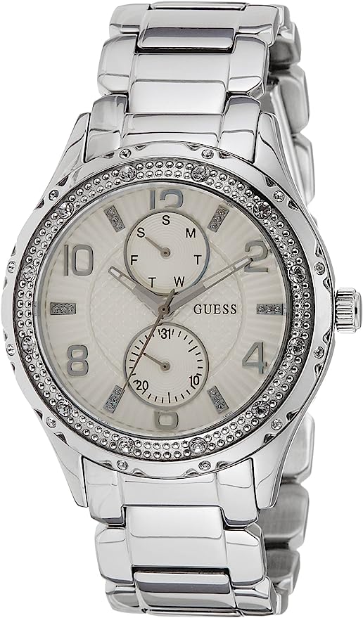 Guess Siren silver women's watch with crystal bezel and dual subdials