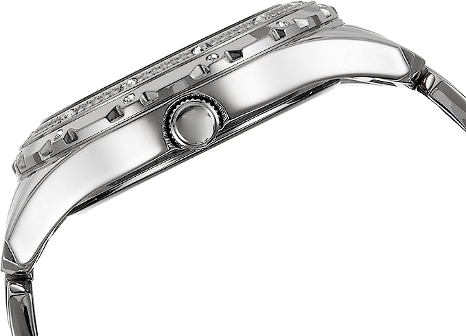 Side view of Guess Siren silver watch showing case profile and crown