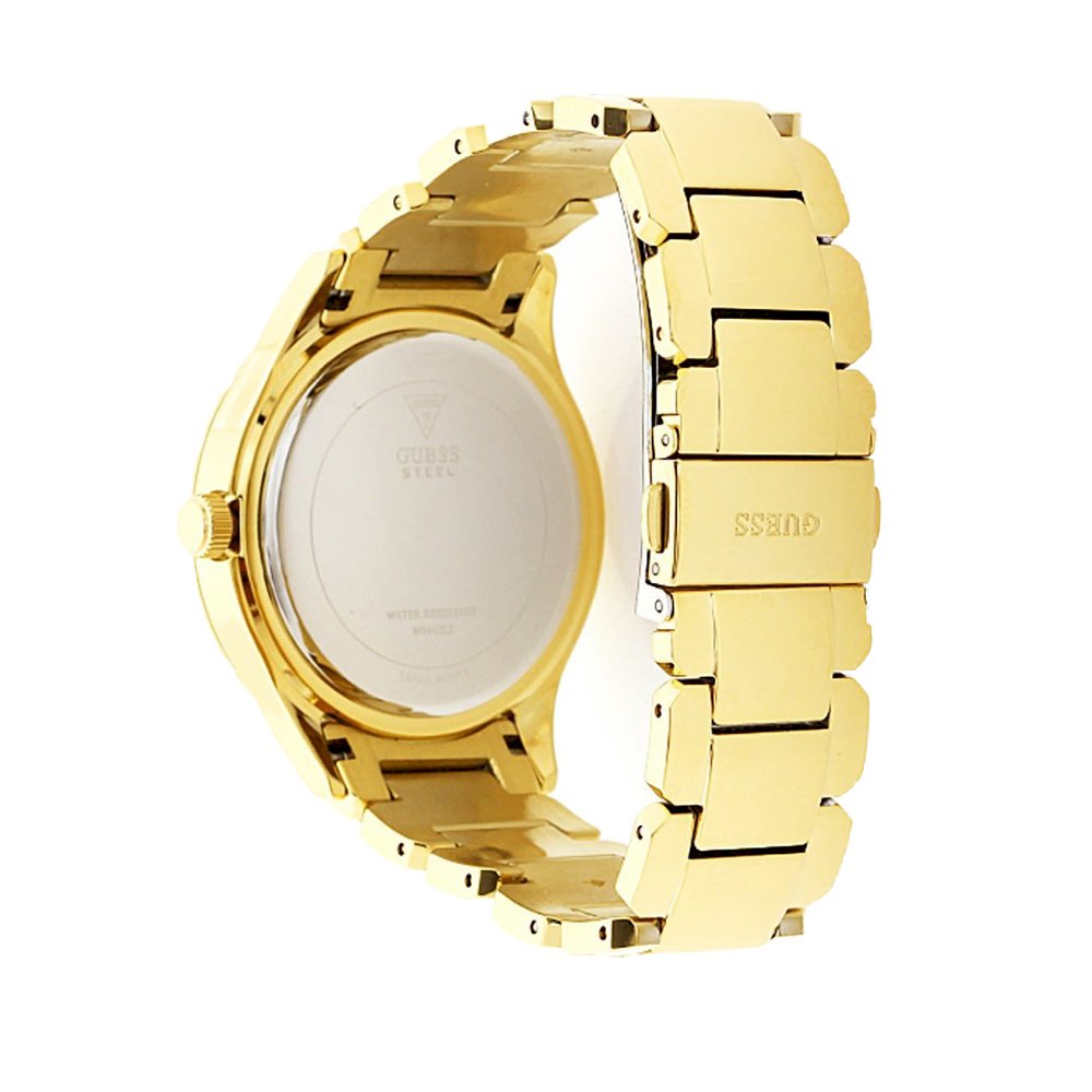 Guess Siren gold women's watch caseback and side view of gold bracelet