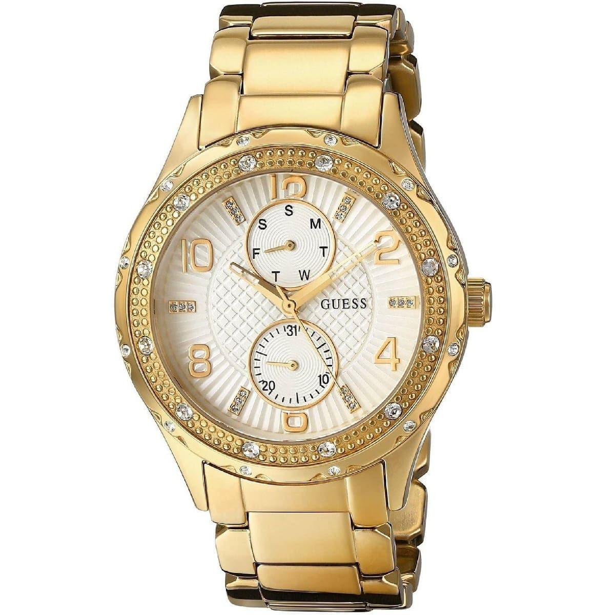 Guess Siren gold women's watch with crystal bezel, cream dial and dual subdials