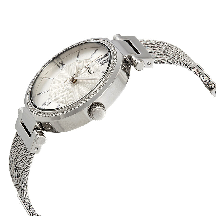 Guess Soho Crystal watch at angle showing silver mesh bracelet and crystal-adorned case