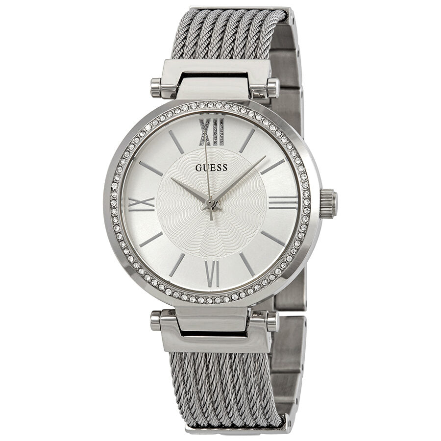 Guess Soho Crystal ladies watch with silver dial, roman numeral markers, and crystal-set bezel