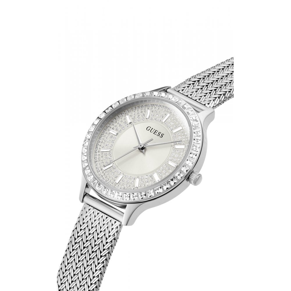 Guess Soiree silver-tone women's watch displayed at angle showing dial and mesh strap