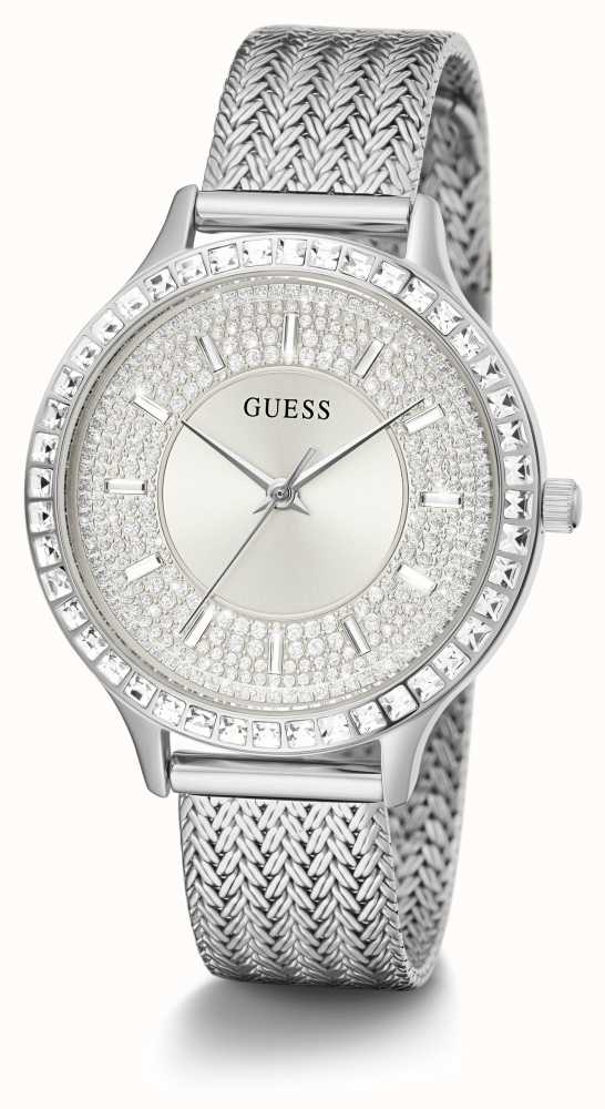 Guess Soiree silver-tone women's watch with crystal-embellished dial and mesh bracelet, front view
