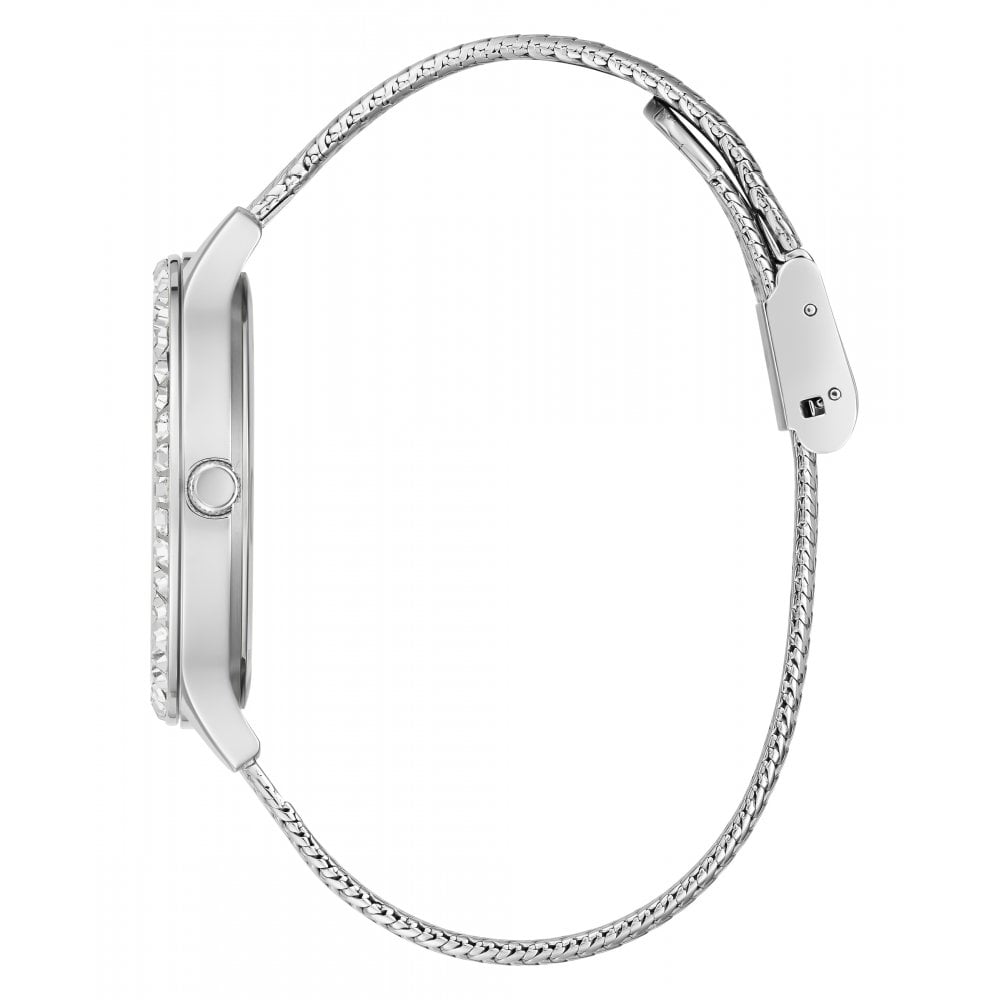 Guess Soiree women's watch side profile showing case thickness and mesh strap details