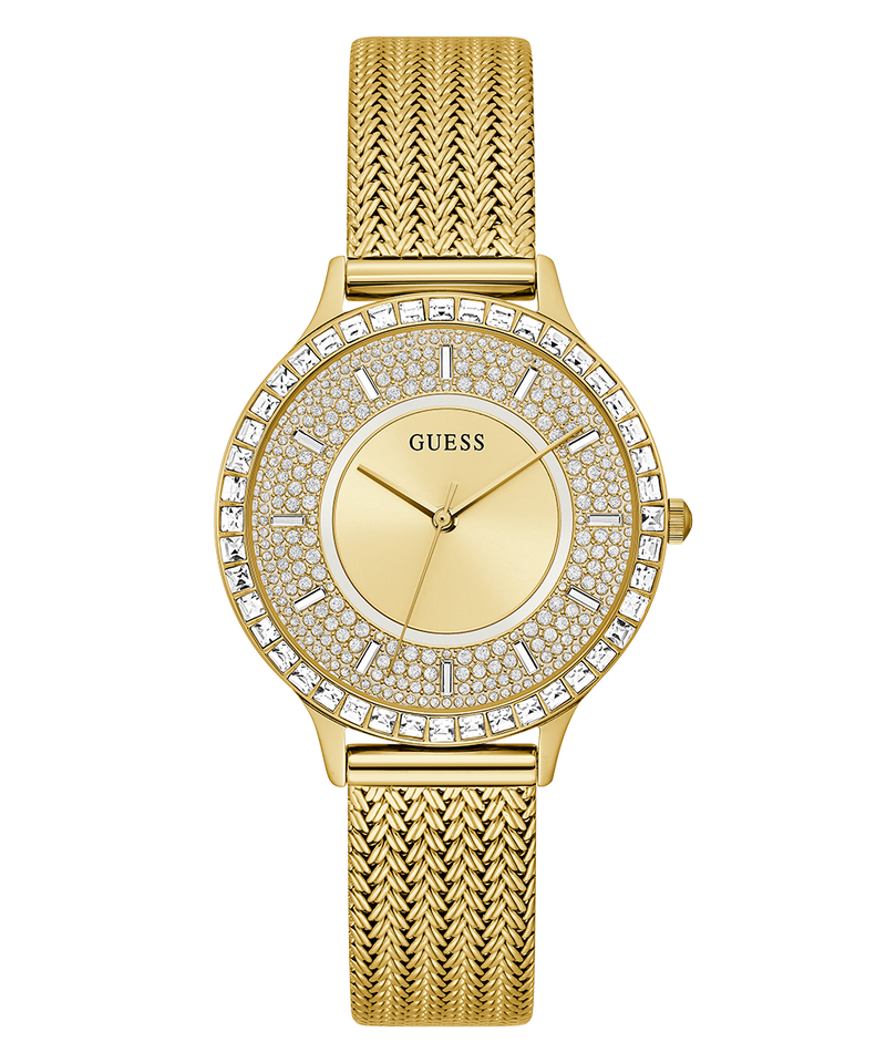Guess Soiree gold-tone watch with crystal-set bezel and mesh strap