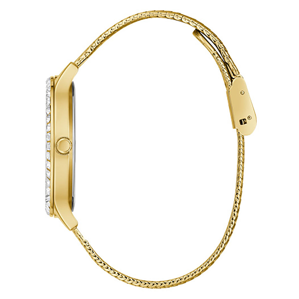 Side view of Guess Soiree watch showing mesh strap and crystal bezel detail
