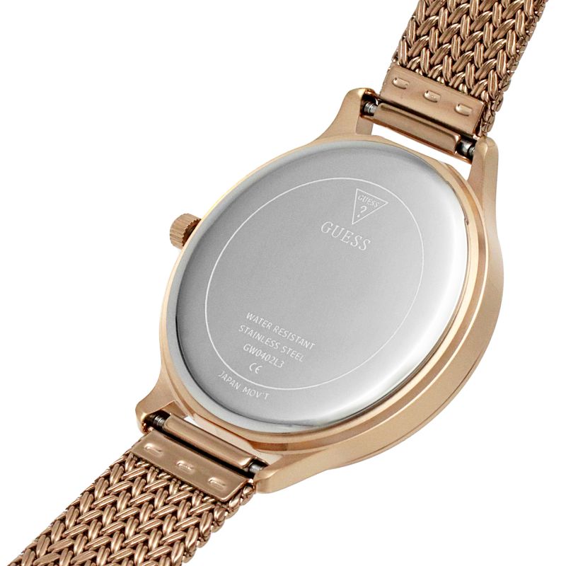 Guess Soiree watch caseback showing stainless steel case with engraved text