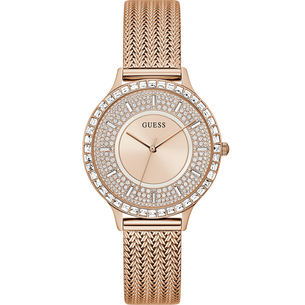 Guess Soiree rose gold women's watch with crystal bezel and mesh strap