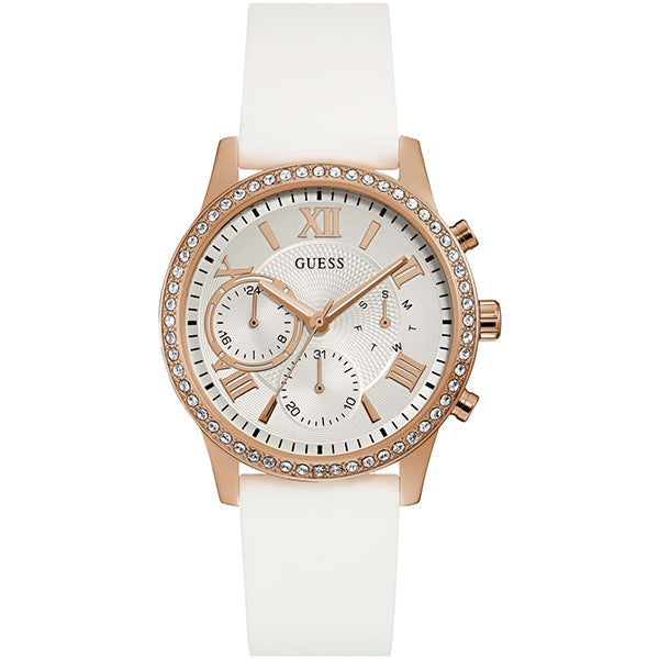 Guess Solar rose gold women's watch with white rubber strap and crystal-set bezel