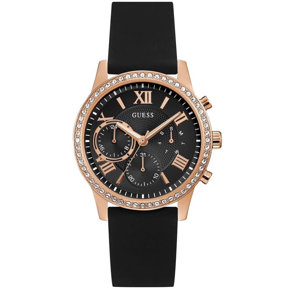 Guess Solar 40mm women's chronograph watch with rose gold case, black dial, roman numerals, and black rubber strap