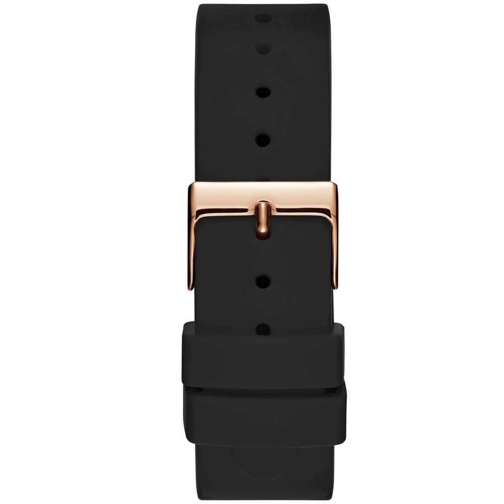 Close-up of black rubber strap with rose gold buckle and keeper