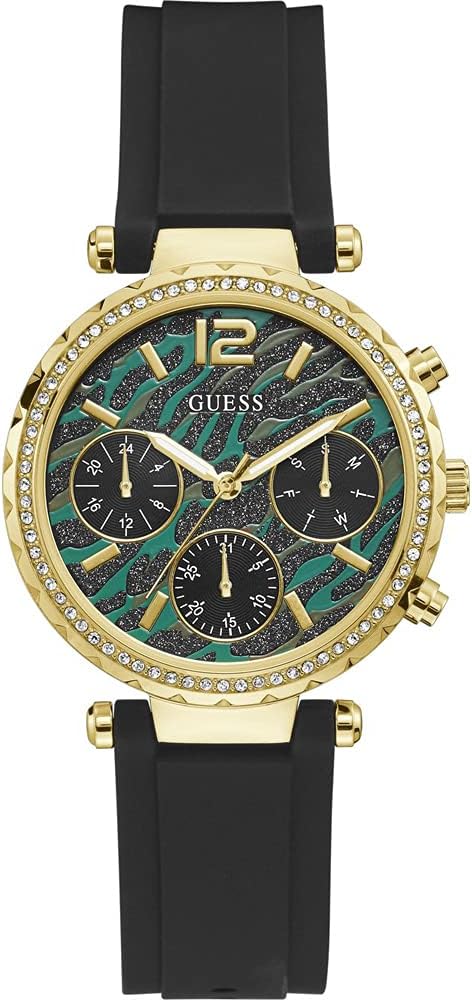 Guess Solstice women's chronograph watch with green dial, gold case, and black rubber strap