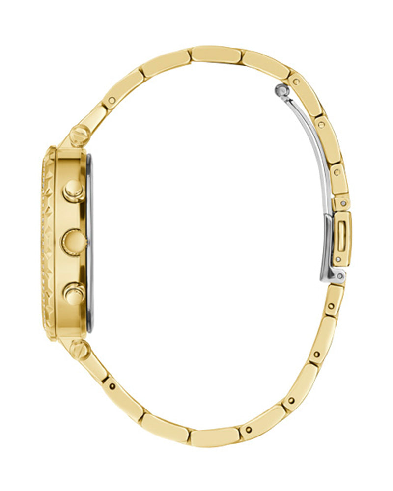 Side view of Guess Solstice women's watch displaying gold tone link bracelet and case profile