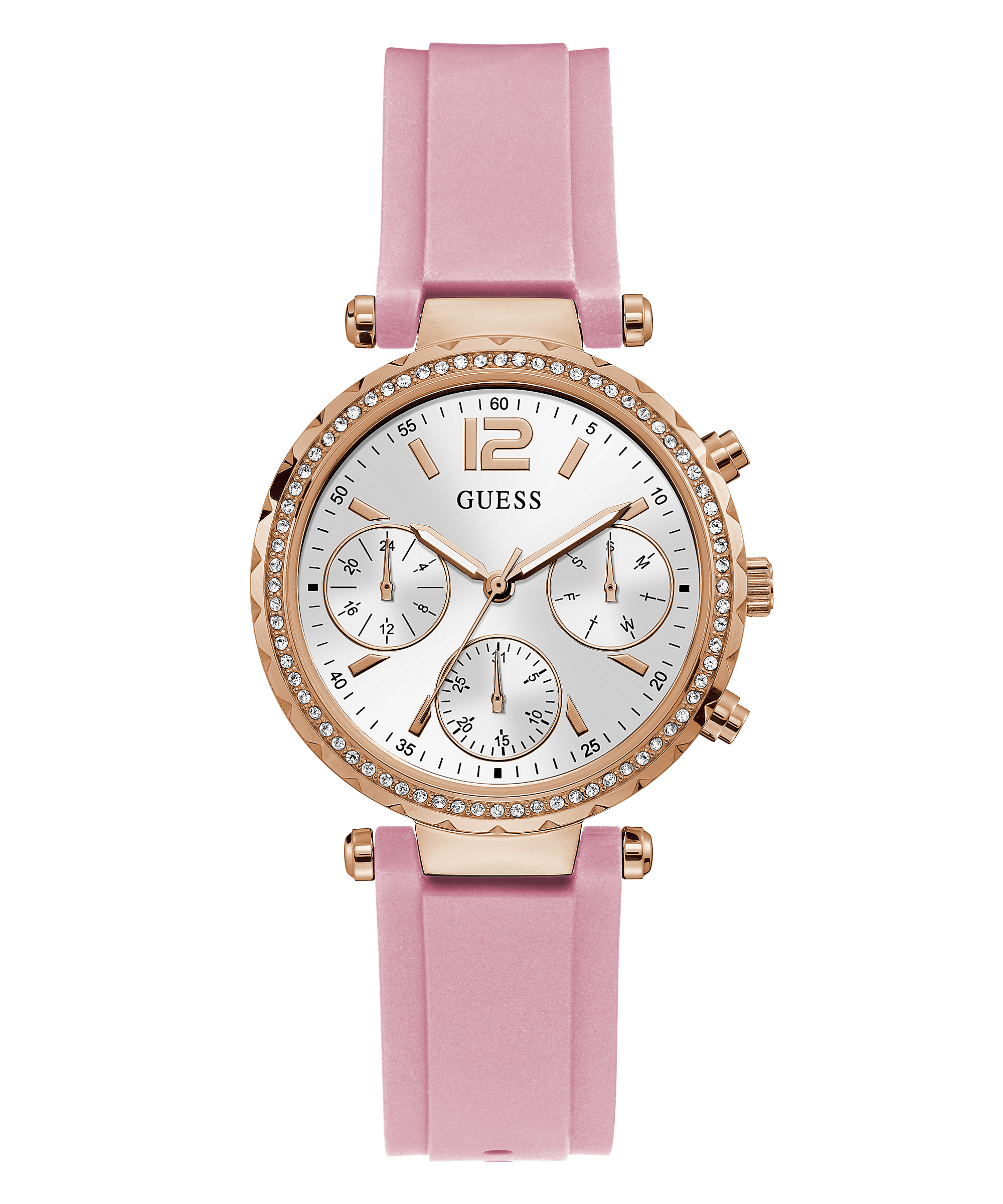 Guess Solstice rose gold chronograph watch with white dial and pink silicone strap