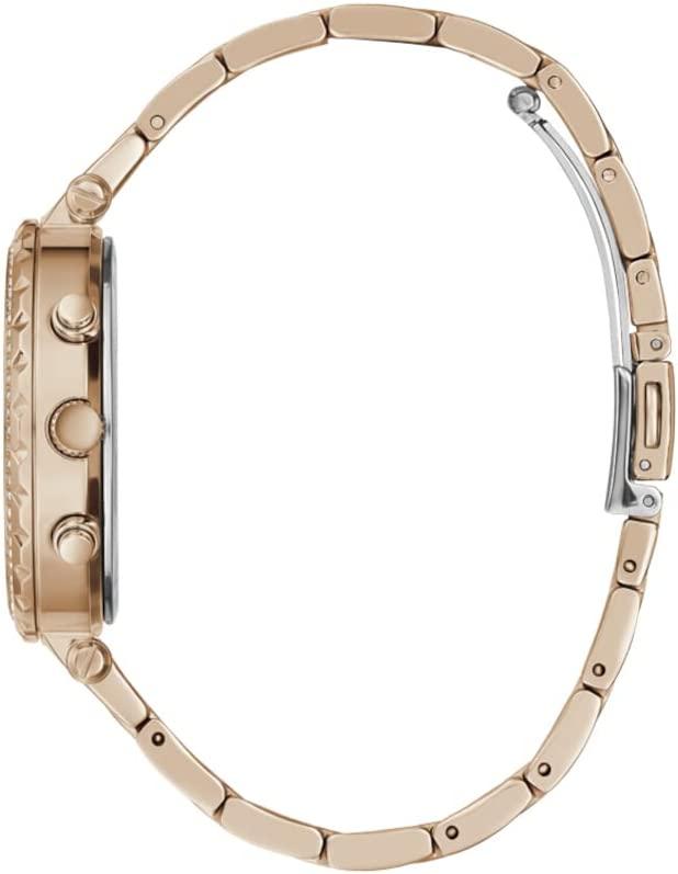 Side view of Guess Solstice rose gold watch bracelet and case profile