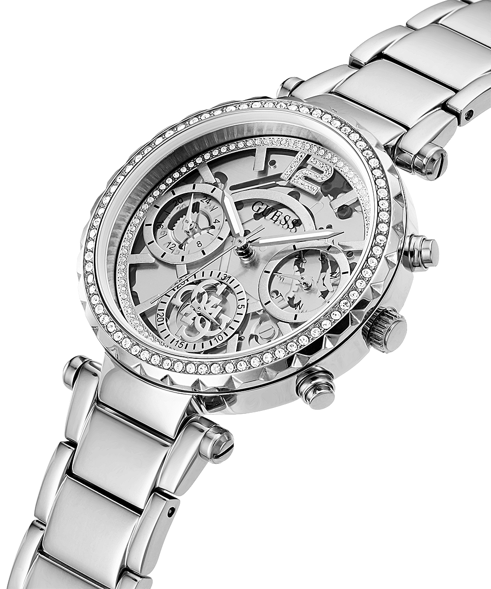 Guess Solstice women's watch angled view showing silver link bracelet and chronograph subdials