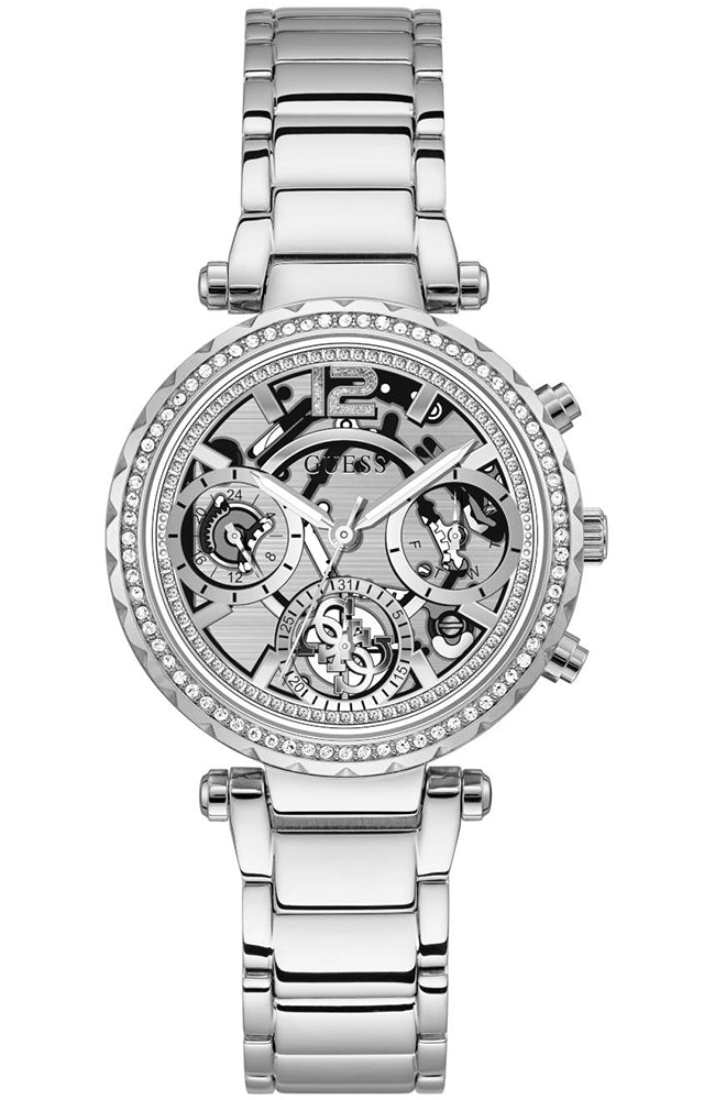 Guess Solstice silver-tone women's watch with skeleton dial and crystal-embellished bezel