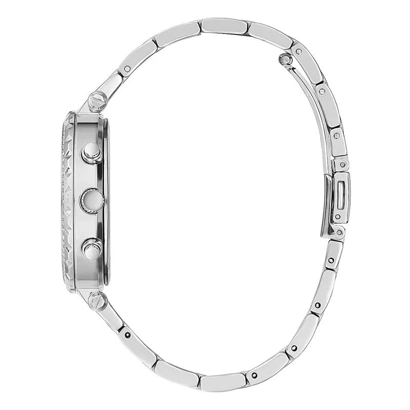 Guess Solstice women's watch side profile showing case thickness and link bracelet clasp