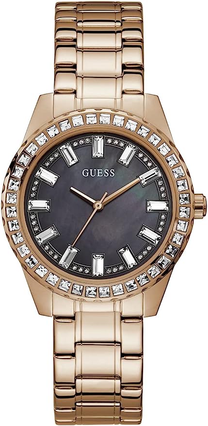 Guess Sparkler rose gold women's watch with crystal bezel and dark dial on rose gold bracelet