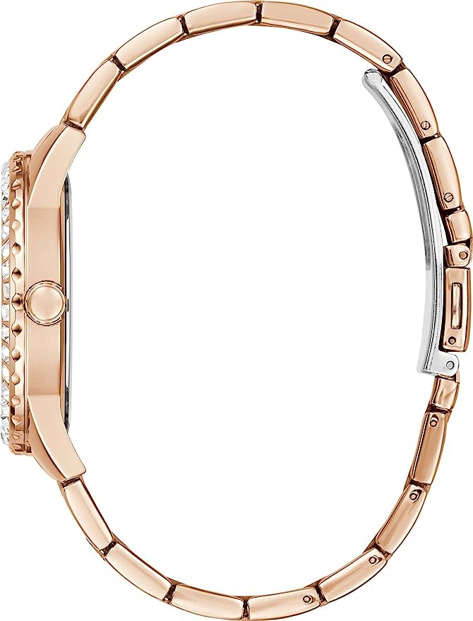 Guess Sparkler rose gold women's watch shown from side with bracelet clasp visible
