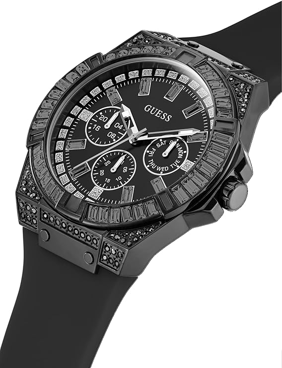Angled view of Guess Sport chronograph watch with crystal case and black strap