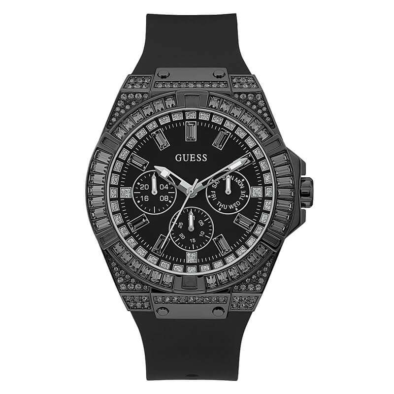 Guess Sport black chronograph watch with crystal-embellished case and black silicone strap