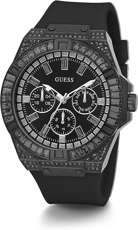 Guess Sport watch worn on wrist showing black chronograph dial with subdials