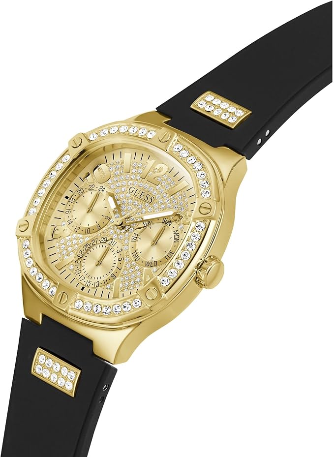 Angled side view of Guess Sport watch showing gold case with champagne dial and black strap