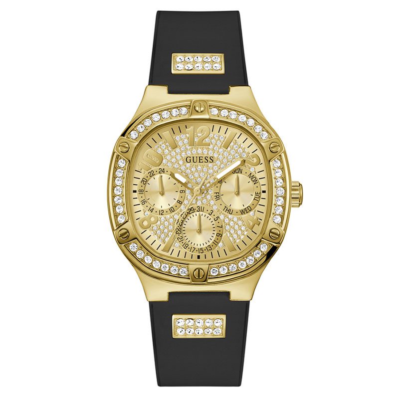 Guess Sport women's watch with champagne square dial, crystal-set gold-tone bezel, and black strap