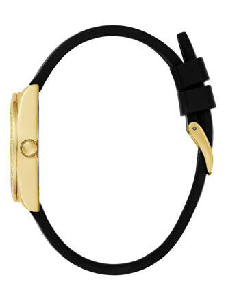 Side profile of Guess Sport watch case with gold-tone finish and black strap