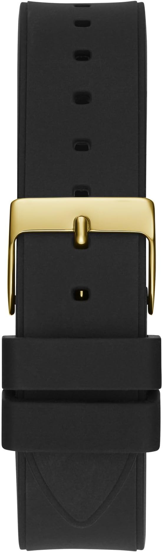 Close-up of Guess Sport black strap with gold buckle and crystal-set accent