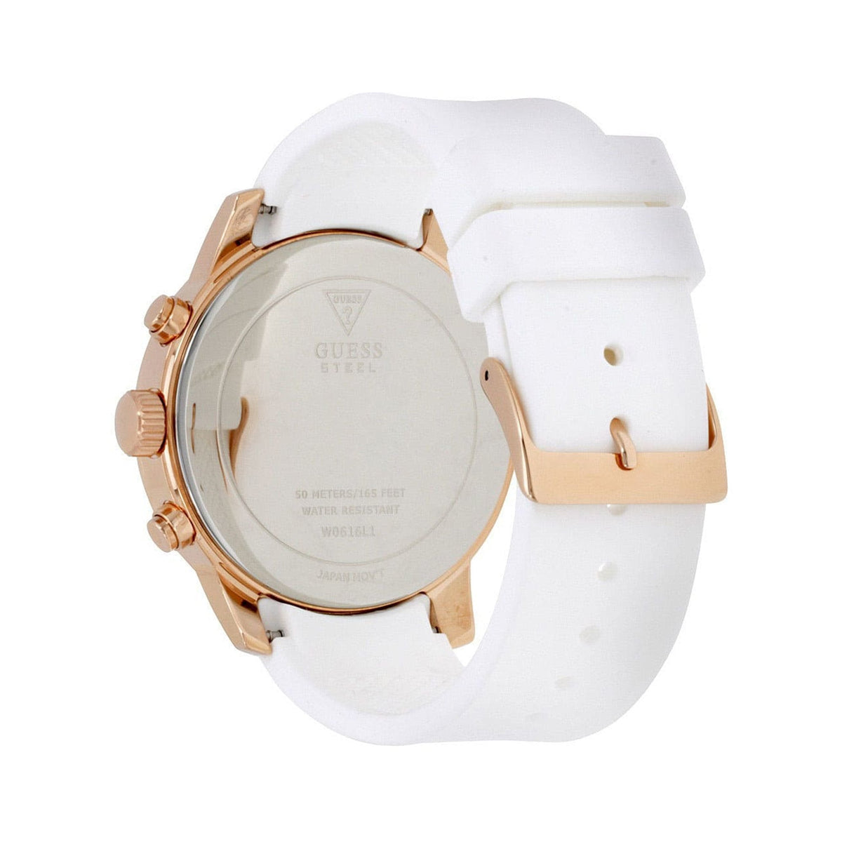 Guess Sport watch caseback showing engraved dial and white silicone strap detail