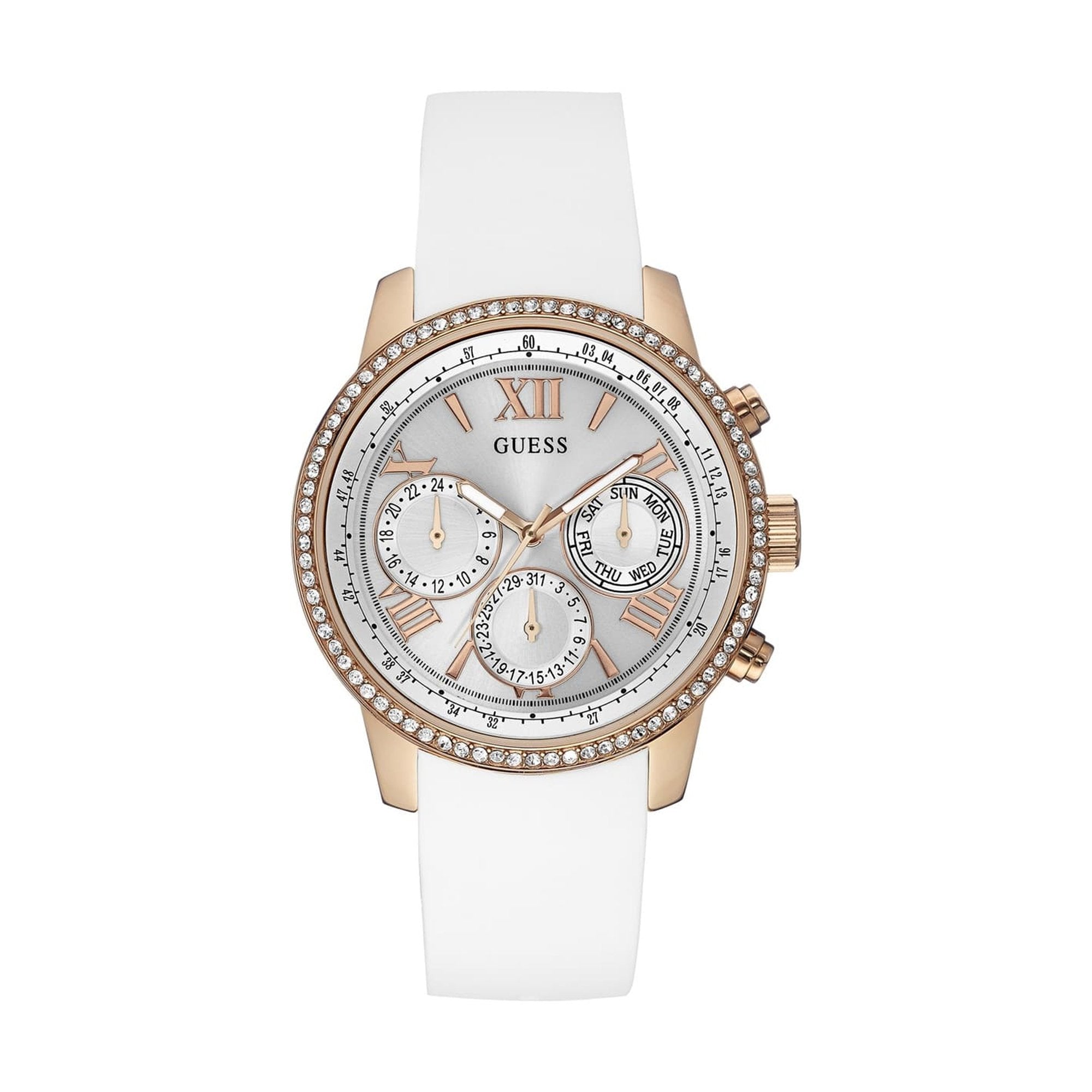 Guess Sport rose gold women's chronograph watch with white silicone strap and crystal-set bezel