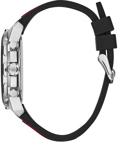 Side view of Guess Sports chronograph watch showing silver-tone case profile and black rubber strap with red stripe