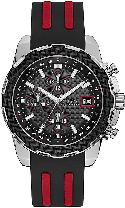 Guess Sports chronograph men's watch with black dial, silver-tone case, and red striped rubber strap
