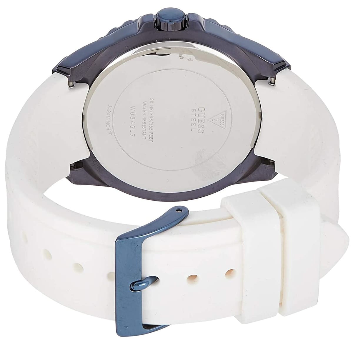 Back view of Guess Starlight watch showing caseback and white silicone band with blue buckle