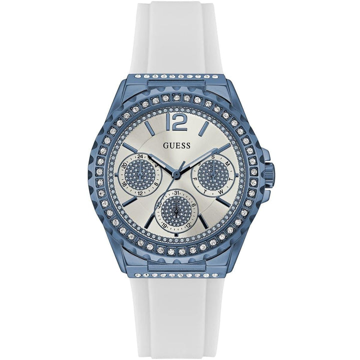 Guess Starlight women's watch with blue crystal-embellished case and white silicone band