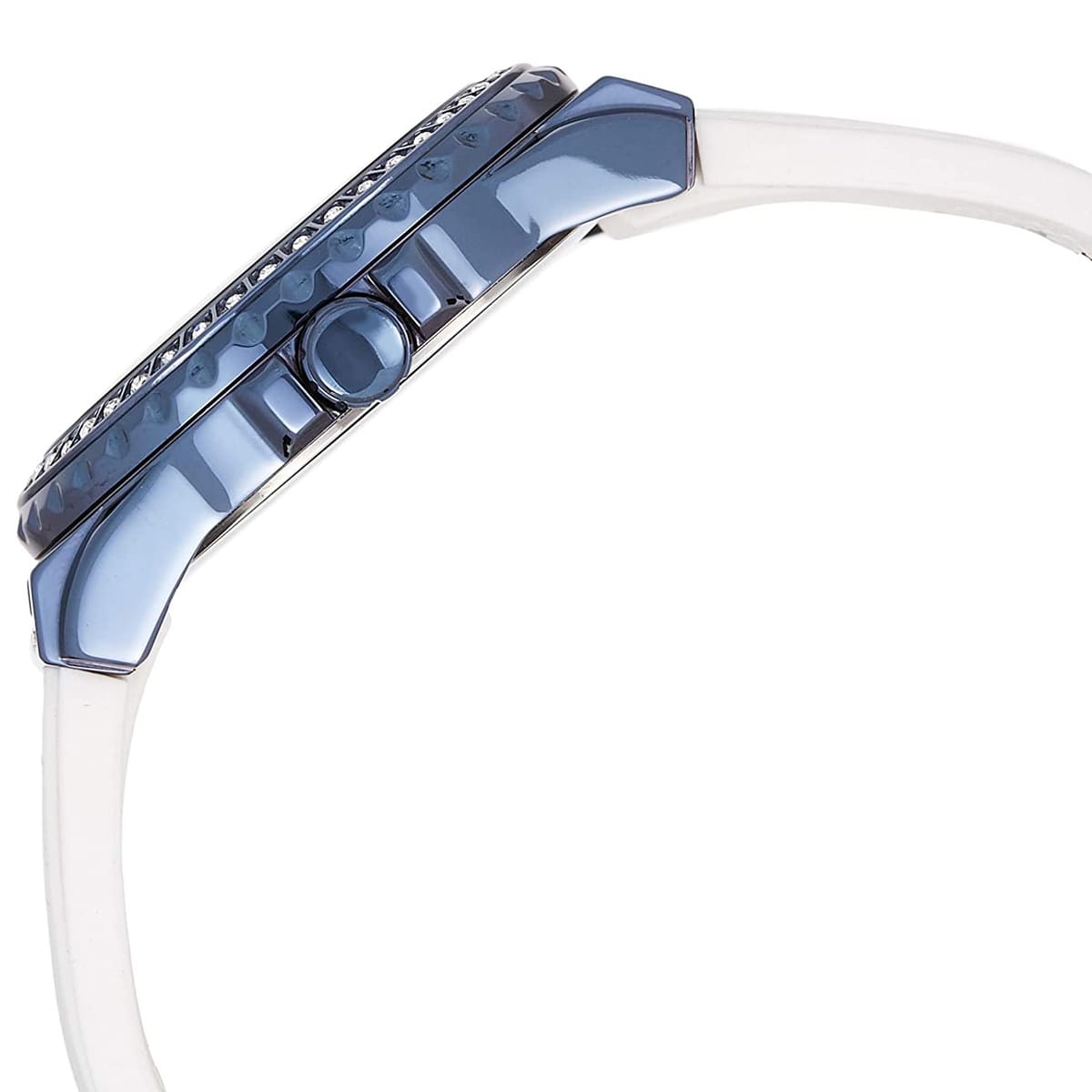 Side view of Guess Starlight watch showing crystal-decorated case and white silicone band