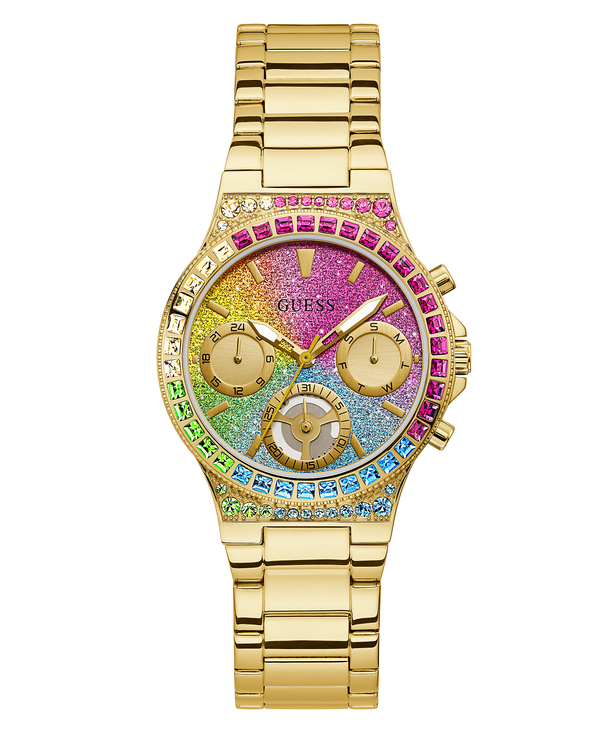 Guess Sugarrush gold women's watch with colorful ombre dial and crystal-set bezel