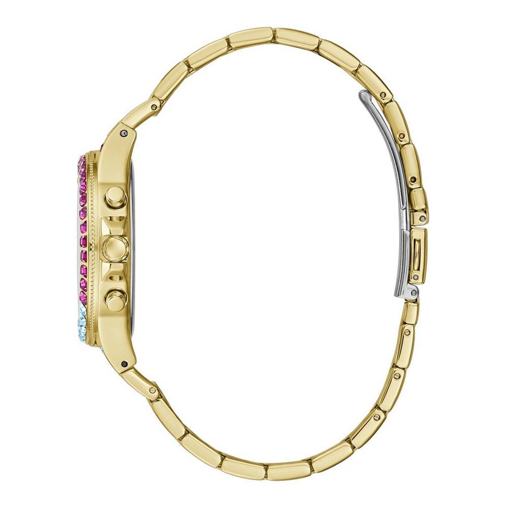 Gold-tone stainless steel bracelet and colorful crystal-set bezel on Guess Sugarrush watch