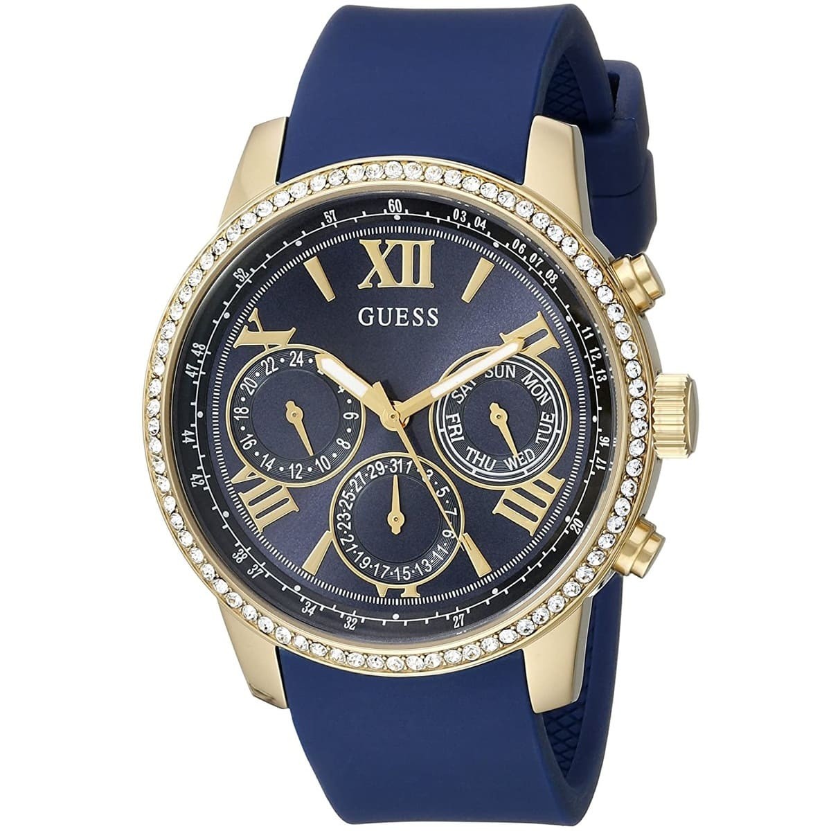 Guess Sunrise women's watch with blue rubber strap, gold-tone case, diamond bezel, and navy chronograph dial