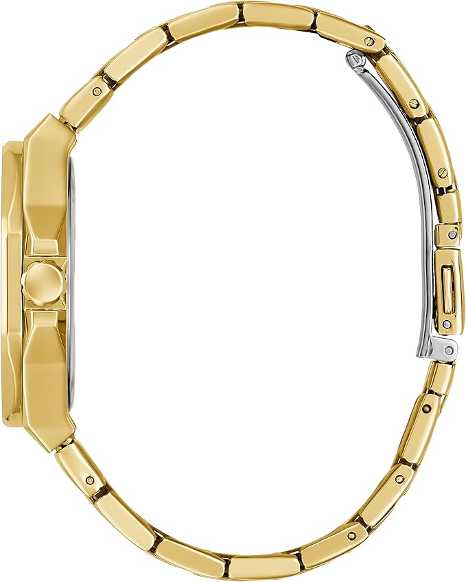 Side view of gold-tone octagonal watch case with segmented bracelet