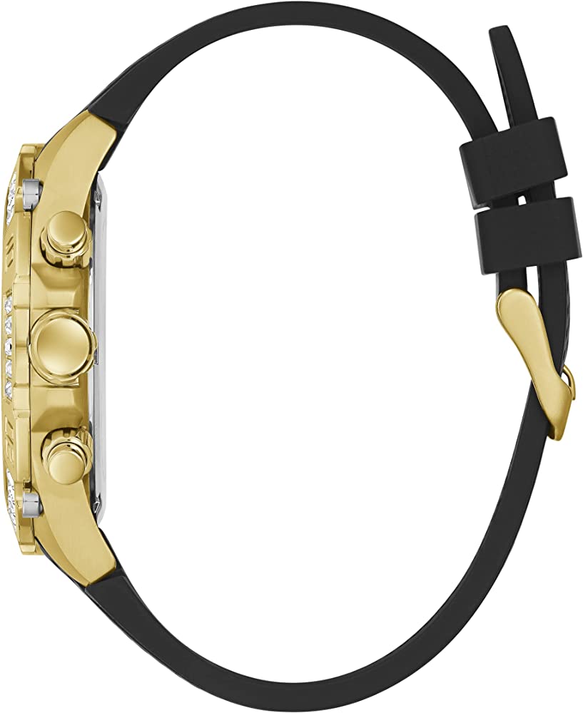 Side view of Guess Tachymeter watch showing gold tone case and crown pushers