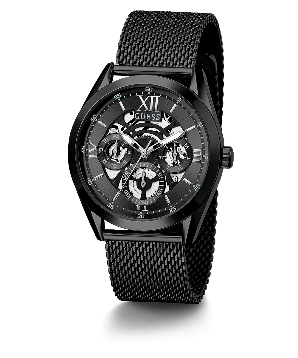 Guess Tailor men's watch with black skeleton dial and black mesh strap