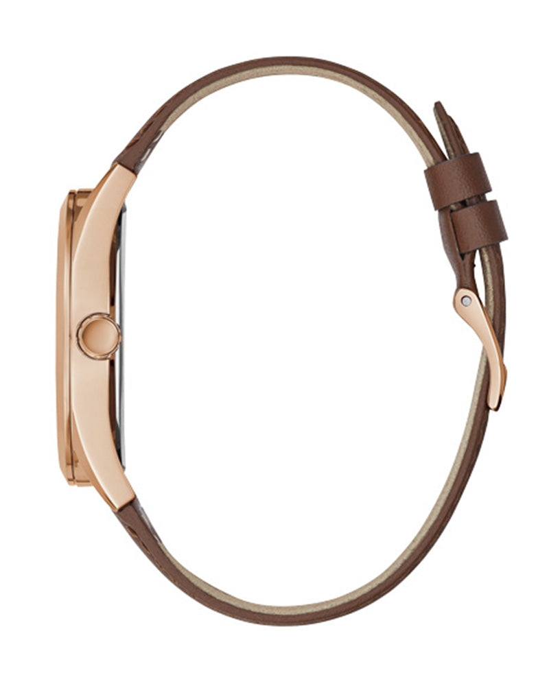 Side view of Guess Tailor watch showing rose gold case and brown leather strap