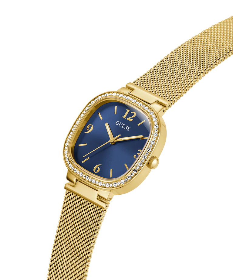 Guess Tapestry watch angled view showing blue dial and gold mesh bracelet detail