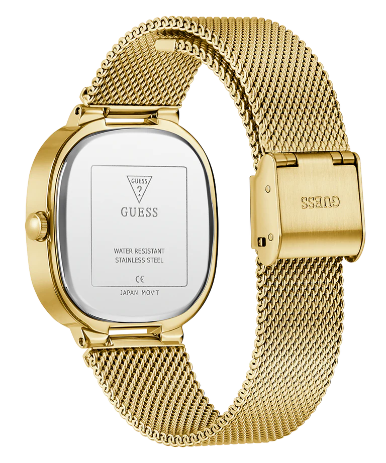 Guess Tapestry watch caseback showing stainless steel case and gold mesh strap