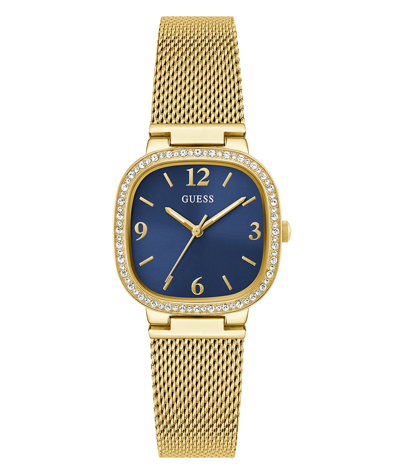 Guess Tapestry watch with blue dial, gold hands, crystal bezel, and gold mesh strap